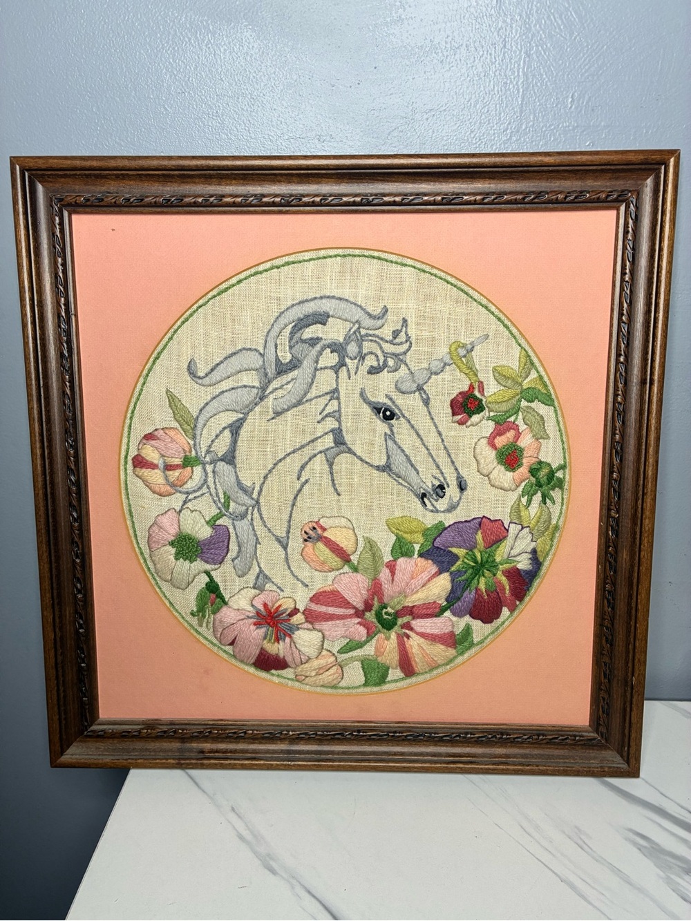 Vintage Unicorn Crewel Embroidery Floral Fiber Art Framed Wall Decor